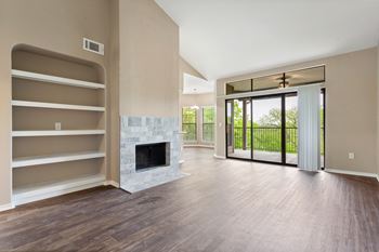 Living area with built-in shelf